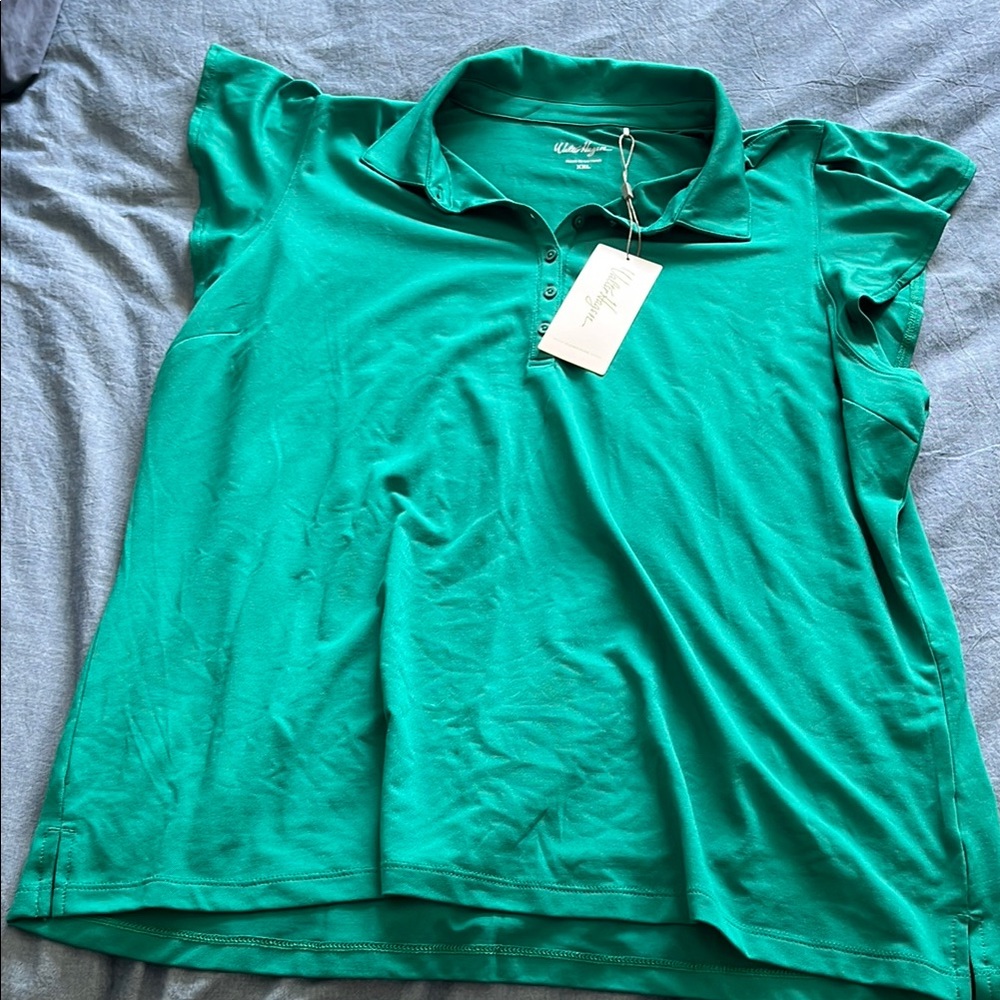 Green Women's golf Shirt with ruffle sleeve